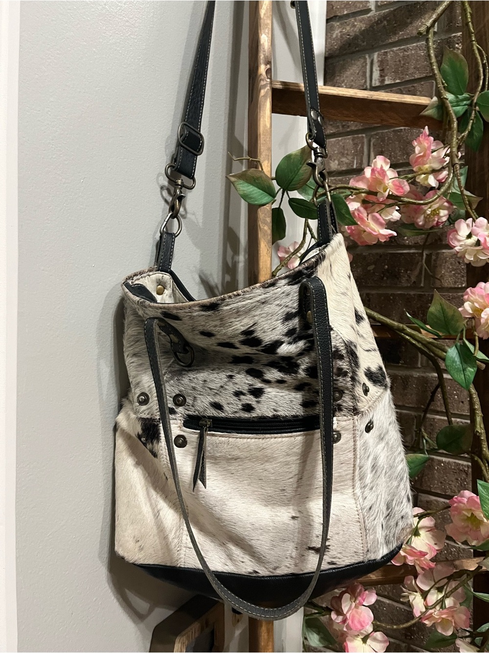 Myra Bag Black and White Spotted Haircalf Shoulder Bag